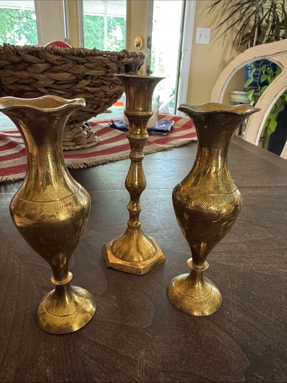 Set of 3 Brass Accent Vases with Matching Brass Candlestick - Gold Tone